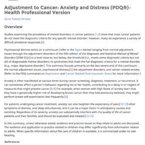 Image of the first page of the reading for the continuing education course Adjustment to Cancer: Anxiety and Distress