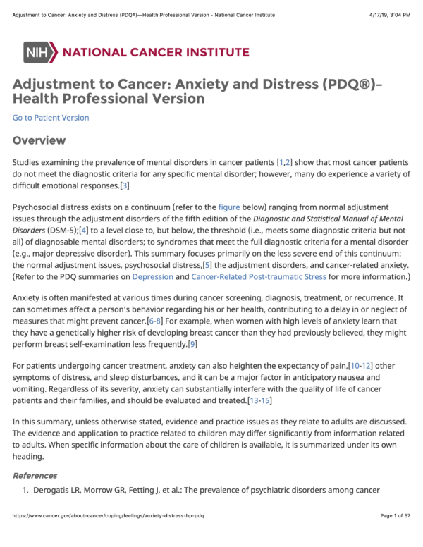 Image of the first page of the reading for the continuing education course Adjustment to Cancer: Anxiety and Distress