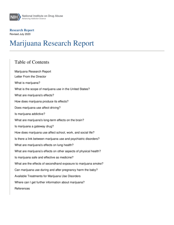 Image of the first page of the reading for the continuing education course Research Report Series: Marijuana (1 credit hour)