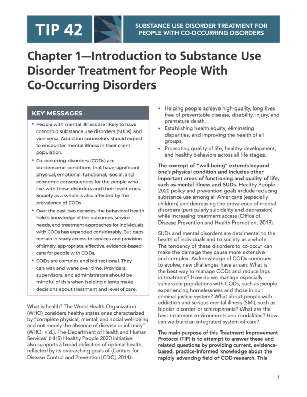 Image of the first page of reading for the continuing education course Introduction to Substance Use Disorder Treatment for People with Co-Occurring Disorders