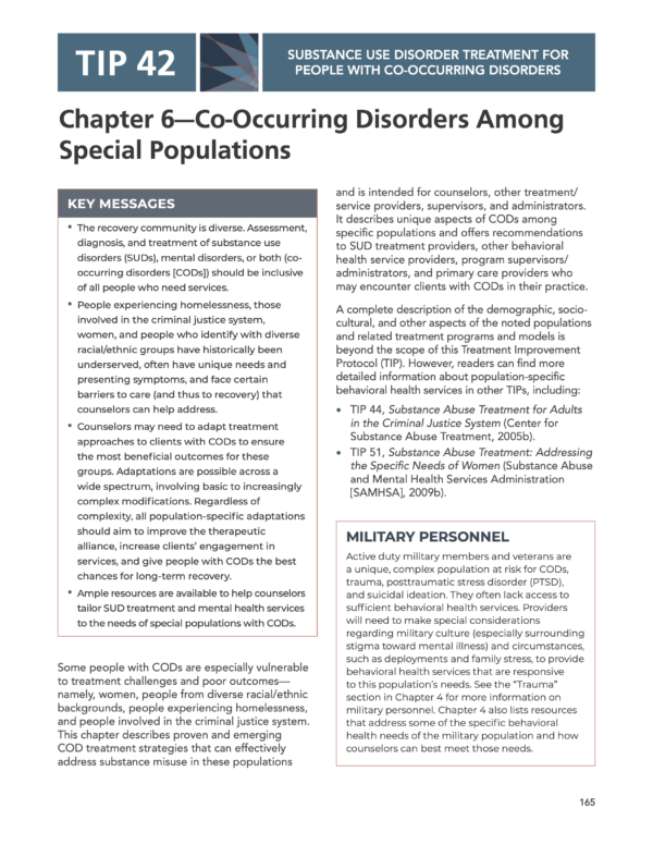 Image of first page of reading for the continuing education course Co-Occurring Disorders Among Special Populations- Substance Use Disorder Treatment for People with Co-Occurring Disorders