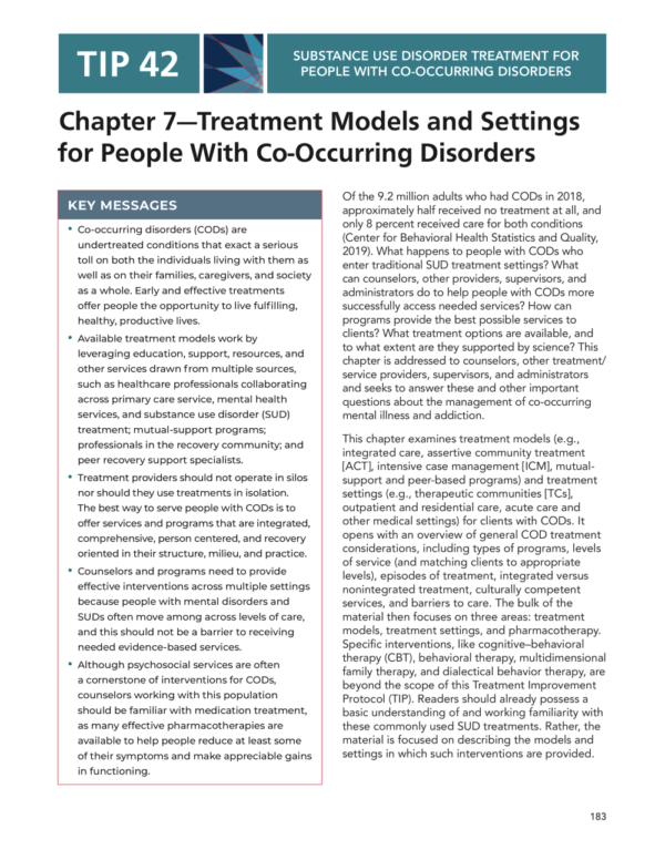 Image of first page of the reading for the continuing education course Treatment Models and Settings for People with Co-Occurring Disorders- Substance Use Disorder Treatment for People with Co-Occurring Disorders