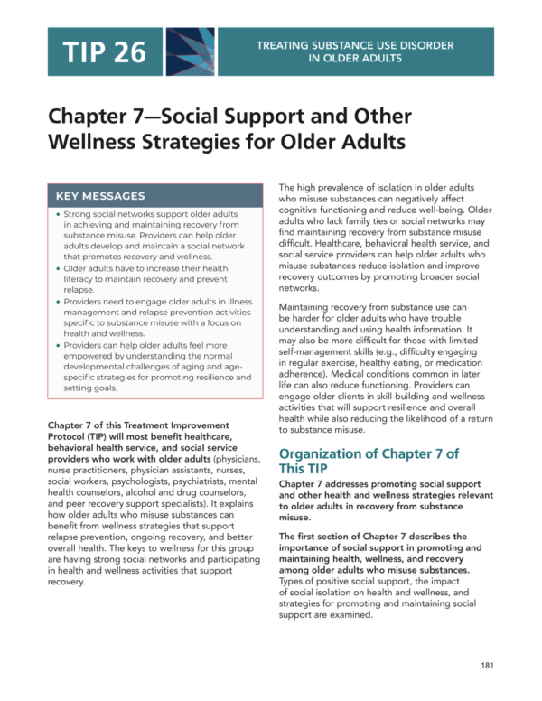 Image of the first page of the reading for the continuing education course Social Support and Other Wellness Strategies for Older Adults- Treating Substance Use Disorder in Older Adults