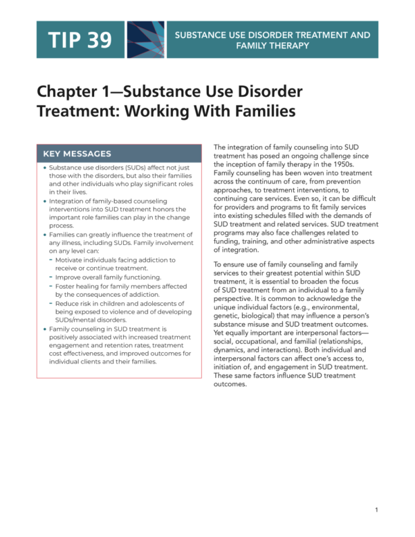 Image of the first page of the reading for the continuing education course Substance Use Disorder Treatment: Working with Families