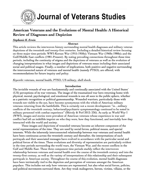 First page of the American Veterans and the Evolution of Mental Health: A Historical Review of Diagnoses and Depiction Continuing Education Course Reading