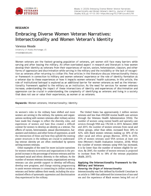 Image of first page of reading for the continuing education course Embracing Diverse Women Veteran Narratives: Intersectionality and Women Veteran’s Identity