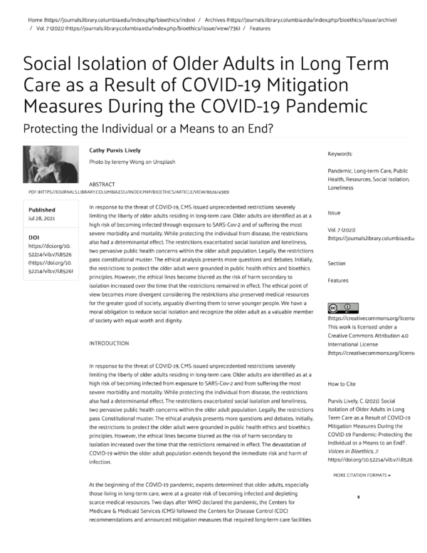 First page of the reading for the continuing education course An Ethical Analysis of the Mitigation Measures, Restrictions, and Social Isolation of Long Term Care Residents during the Covid-19 Pandemic