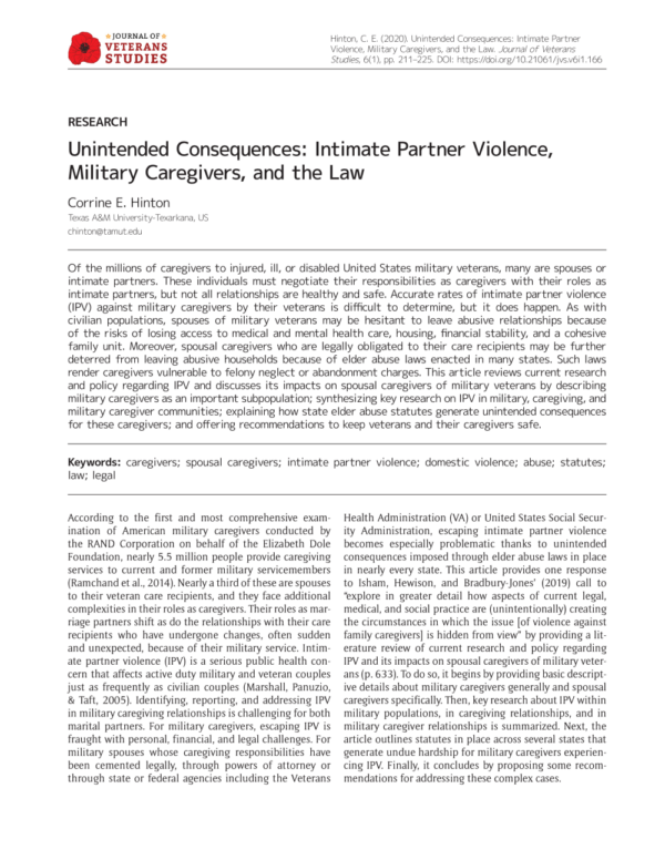 Image of the first page of the reading for the continuing education course Unintended Consequences: Intimate Partner Violence, Military Caregivers, and the Law