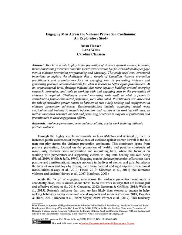 First page of reading for the continuing education course Engaging Men Across the Violence Prevention Continuum: An Exploratory Study