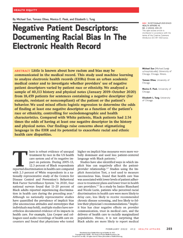 Negative Patient Descriptors:  Documenting Racial Bias In The Electronic Health Record (1 credit hour)
