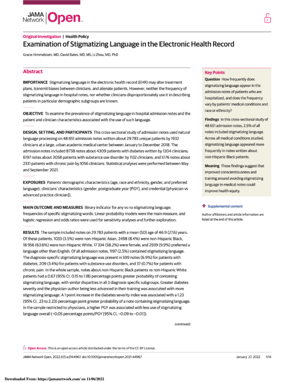 Image of the first page of the reading for the continuing education course Examination of Stigmatizing Language in the Electronic Health Record