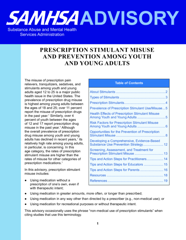 Image of the first page of the reading for the continuing education course Prescription Stimulant Misuse and Prevention Among Youth and Young Adults