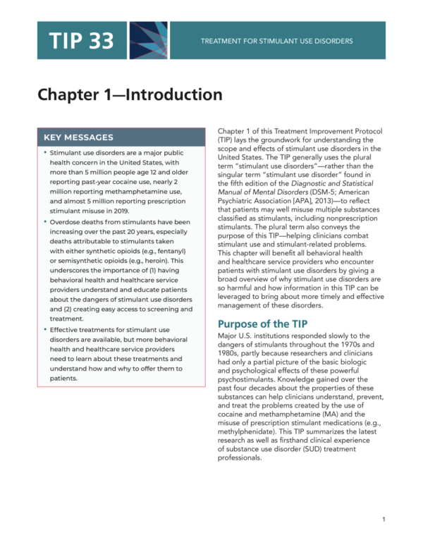 Image of the first page of the reading for the continuing education course Treatment for Stimulant Use Disorders- Best Practice Guidelines