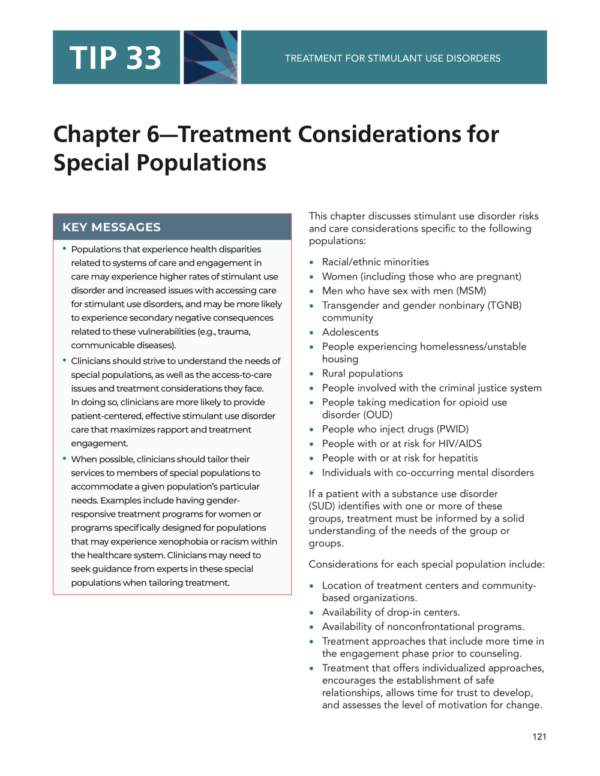 Image of the first page of the reading for the continuing education course Treatment for Stimulant Use Disorders: Considerations for Special Populations