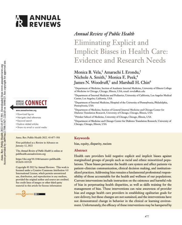 Image of the first page of the reading for the continuing education course Eliminating Explicit and Implicit Biases in Health Care: Evidence and Research Needs
