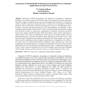 Image of first page of reading for the continuing education course Experiences of Mental Health Professionals in the Rapid Pivot to Telehealth: Implications for Social Work Practice