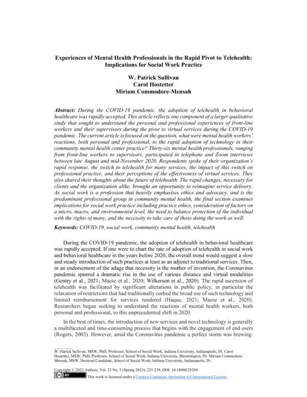 Image of first page of reading for the continuing education course Experiences of Mental Health Professionals in the Rapid Pivot to Telehealth: Implications for Social Work Practice