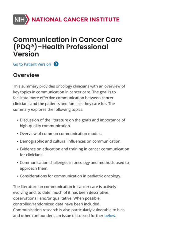 Image of first page of the reading for the continuing education course Communication in Cancer Care