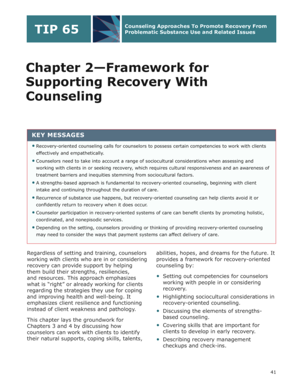 Image of the first page of the reading for the continuing education course Framework for Supporting Recovery With Counseling