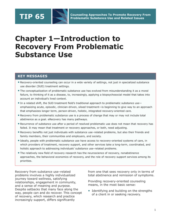 Image of the first page of the reading for the continuing education course Introduction to Recovery from Problematic Substance Use