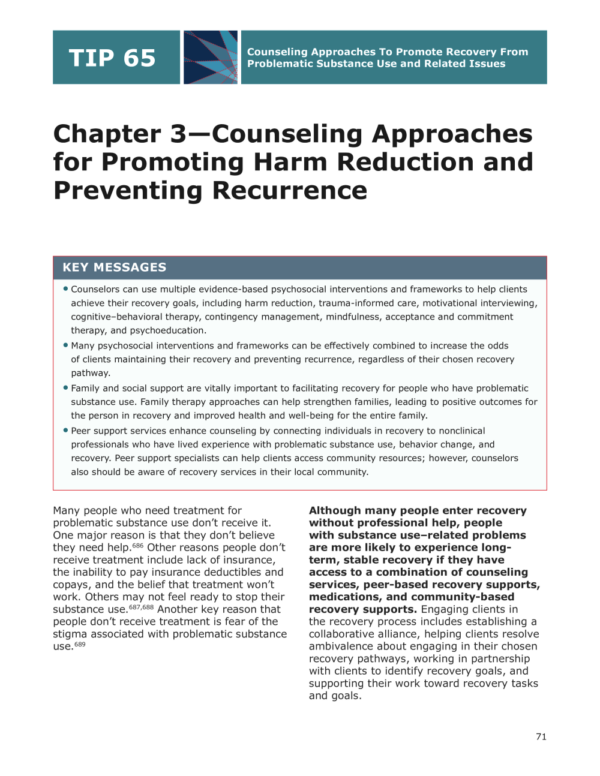 Image of first page of reading for the continuing education course Counseling Approaches for Recovery from Substance Use