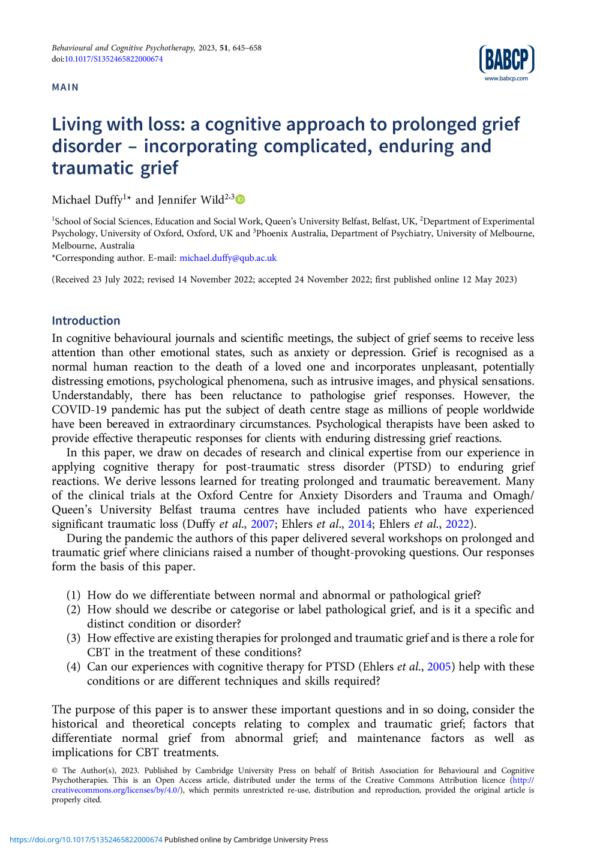 First page of CEU course reading for social workers, counselors, and therapists on prolonged grief disorder, DSM-5 diagnosis, predictors, therapies, and differences between normal and abnormal grief