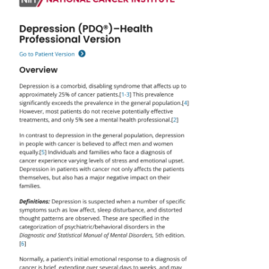 Image of the first page of the reading for the continuing education course Depression and Cancer