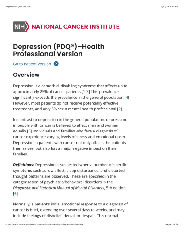 Image of the first page of the reading for the continuing education course Depression and Cancer