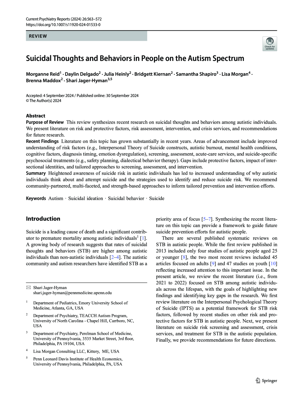 Image of the first page of the reading for the continuing education course Suicidal Thoughts and Behaviors in People on the Autism Spectrum (1 credit hour)